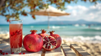 A tall glass of pomegranate juice with whole fruits on a wooden table, ocean and umbrella in the background.