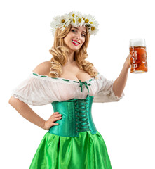 Midsummer woman waitress serving big beer mugs on isolated background during beer party. Blonde girl with wreath daisies flowers in her hair celebrating traditional beer festival in summer or spring.