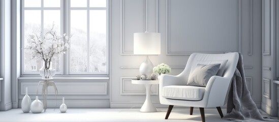 Fototapeta na wymiar A sleek and modern white room featuring a stylish armchair and a minimalist table. The Scandinavian interior design enhances the rooms aesthetic appeal.
