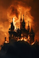 A castle shrouded in darkness, its ramparts guarded by fire-breathing gargoyles