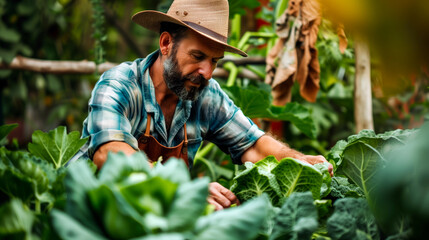 Cook / chef farmer harvesting and collecting crop vegetables from market garden