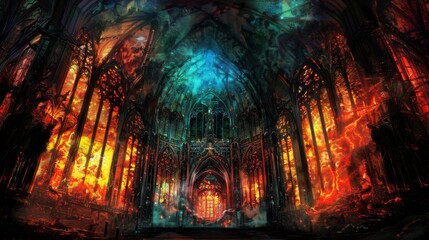 A dark cathedral, its stained glass windows glowing with scenes of infernal life