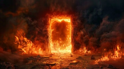 A fiery portal to the underworld, demons beckoning from within - obrazy, fototapety, plakaty
