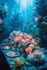 Fototapeta na wymiar A surreal banquet under the sea, with coral flowers and whimsical fish