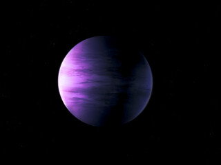 Mini-Neptune planet in deep space. Realistic exoplanet in purple tones. Large extrasolar planet on a black background.