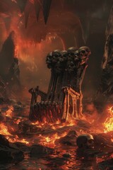 A throne of bones set amidst a lake of fire, awaiting its dark lord