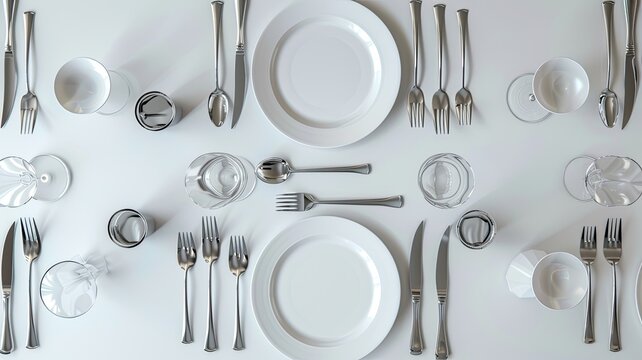 a beautifully set table adorned with plates, spoons, forks, and knives, the elegance and sophistication of the table setting, the anticipation of a delightful meal.