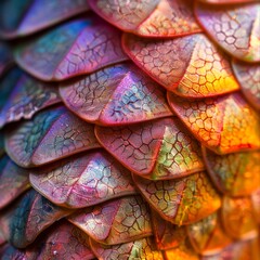 Bright, colorful scales of a dragon, macro texture and detail