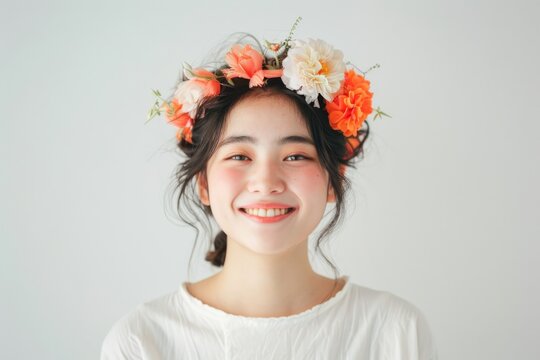 Radiating joy and humor, a university student girl stands before a pristine white background, perfectly capturing the spirit of youthful protagonists.