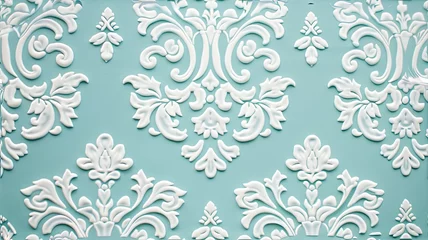 Tragetasche a clean damask pattern against blue backdrop, the seamless integration of the pattern into the background, intricate details and soothing color palette. SEAMLESS PATTERN. © lililia