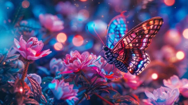 Close-up of a neon butterfly in a fantasy garden, whimsical