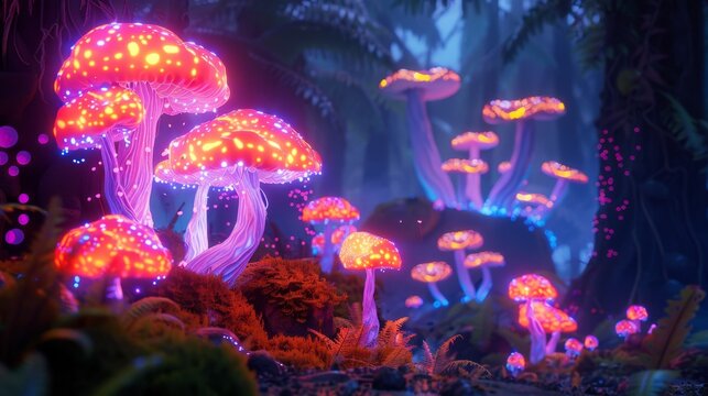Close-up of a glowing neon mushroom in a fantasy forest, whimsical colors