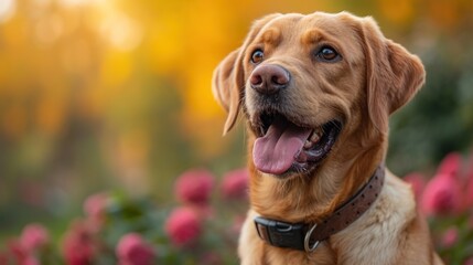 A Golden Retriever in a field of flowers, The Happy Dog with Pink Flowers, Golden Retriever Smiling at the Camera, A Sunny Day with a Brown Dog and Red Flowers.
