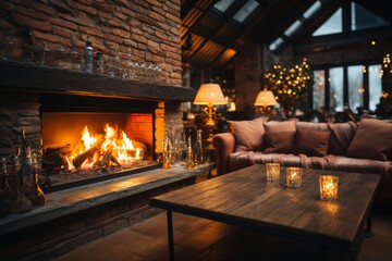 Cozy home decor. modern fireplace with real wood burning on a chilly winter night