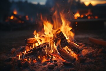 Close-up view of burning logs with vibrant orange and yellow flames in an open campfire