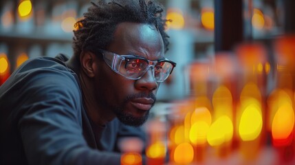 Closeup of a man with dark skin and hair, wearing glasses, gazing thoughtfully with warm bokeh lights in the background.