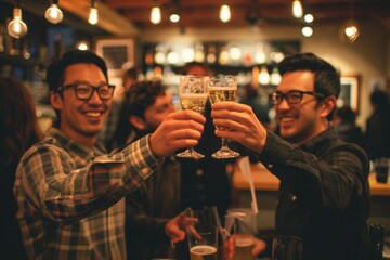 Two men toasting with glasses in a bar - Friends celebrating with a toast in a cozy bar atmosphere - obrazy, fototapety, plakaty
