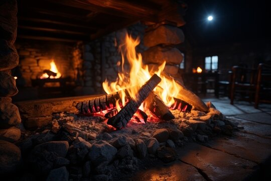 Close-up of burning logs with vivid flames. Cozy winter campfire concept. High quality image
