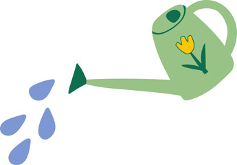 Watering can with water drops clip art isolated on transparent background. Cute gardening tool vector illustration	