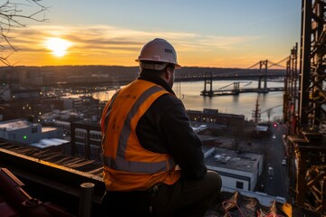 Professional engineer in hard hat overseeing bridge construction and urban development projects