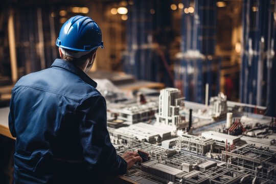 Engineer in hard hat overseeing bridge construction and infrastructure design in urban development