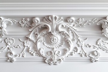 Decorative clay stucco with an ornament on a white ceiling or wall in an abstract classic white interior	

