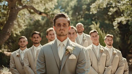 the groom donning a bluish-grey suit, surrounded by groomsmen clad in coordinating beige suits, each exuding their unique charm and personality.