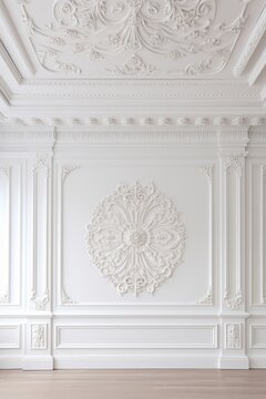 Decorative clay stucco with an ornament on a white ceiling or wall in an abstract classic white interior	
