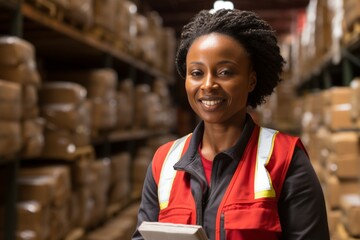 Happy african american female logistician manager smiling at retail parcel warehouse with documents