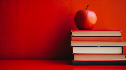 Reading books and apple on a red background students study classroom
