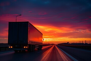 Semi-truck on the highway at sunset with a colorful sky.