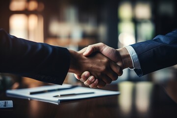 Close-up of two business people shaking hands, over a table with a document, negotiating in office - obrazy, fototapety, plakaty