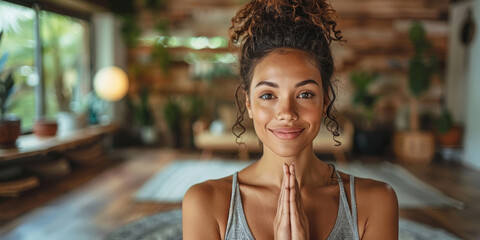 An adult woman with brunette hair sitting in a yoga pose, raising her hands in the air with a joyful demeanor.