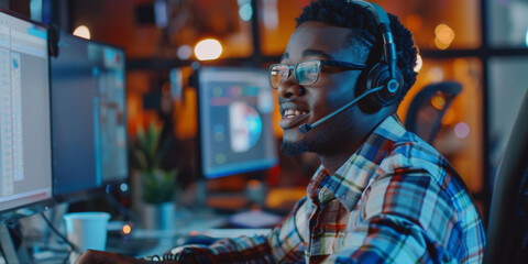 A professional call center workspace with a cheerful African American male agent wearing a plaid shirt and headset, engaged in conversation with customers, surrounded by monitors and office equipment - obrazy, fototapety, plakaty