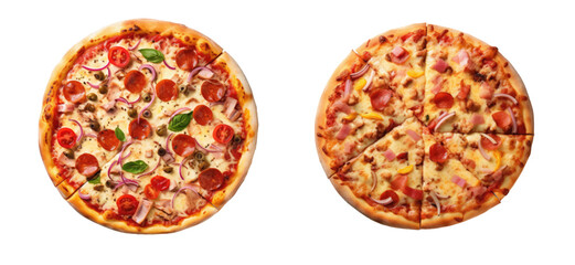 Fototapeta na wymiar various tasty hot pizzas vector. Italian cuisine, menu, and recipe Homemade meat, vegetables, mushrooms, beef, and tomato pizza pizzas isolated on a white or transparent background, top view 