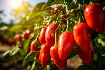 Close-up of bountiful red chili pepper harvest on a sunlit plantation during a warm summer day