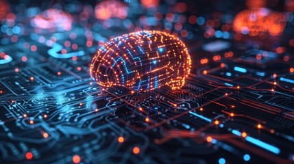 Digital illustration of a brain-shaped network on an electronic circuit board symbolizing artificial intelligence and machine learning.