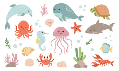 Sea creatures set isolated on white background. Sea animals and fishes. Marine elements. Cute flat style. - obrazy, fototapety, plakaty