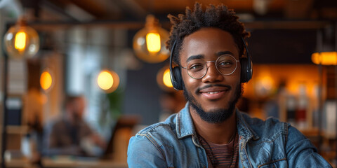 A focused male customer support employee smiling while wearing a headset in a call center setting. He appears attentive and ready to assist customers with their inquiries - obrazy, fototapety, plakaty