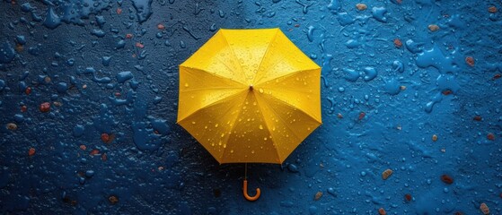 A Yellow Umbrella on a Blue Background, The Bright Yellow Umbrella Against the Blue Wallpaper, Yellow Rain Umbrella on a Blue Surface, A Vibrant Yellow Umbrella in Front of a Blue Backdrop.