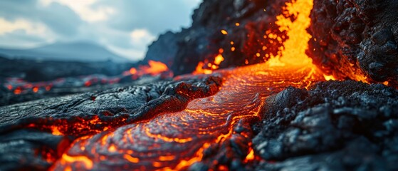 Molten Lava Flow on Rugged Volcanic Landscape. Fiery molten lava flows through a dark, cooled volcanic terrain, showcasing the raw power of nature