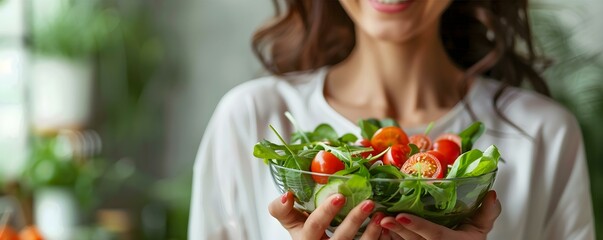 Woman enjoys nutritious salad postexercise embodying health and fitness values. Concept Healthy Eating, Fitness Goals, Nutritious Lifestyle, Well-Being, Active Living
