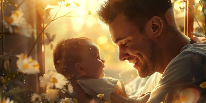 A man with a warm smile cradles a small child in his arms, showing care and affection in this heartwarming moment