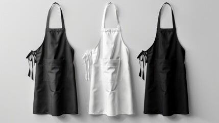 Black and white aprons with pockets on grey background.