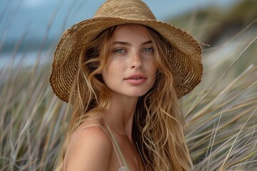 An attractive blonde woman with freckles wearing a straw hat, with a serene beach background