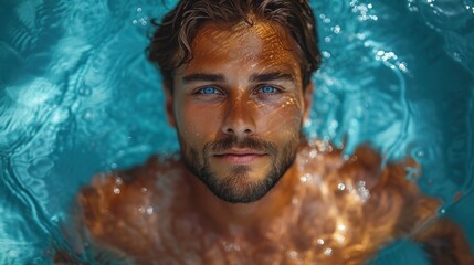 Aquatic Adonis, Sun-Kissed Swimmer, Water Warrior, Blue-Eyed Beneath the Blue Waves. - obrazy, fototapety, plakaty