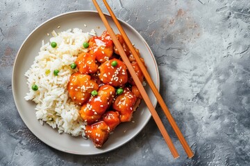 Chinese sweet and sour sticky chicken with sesame seeds and rice on ceramic plate with chopsticks...