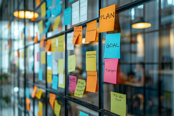 A glass wall covered with multi-colored sticky notes, symbolizing brainstorming and project planning in a modern office environment.