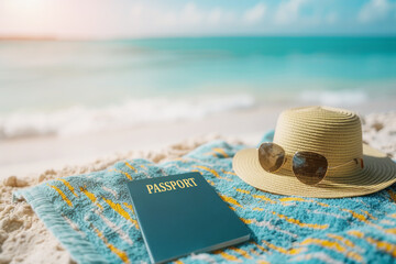 Summer vacation accessories with a hat, sunglasses, and passport laid on a vibrant beach towel by the sea. - obrazy, fototapety, plakaty