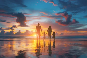 Fotobehang Silhouetted family holding hands on a beach, reflecting on wet sand against a vibrant sunset sky. © kitinut